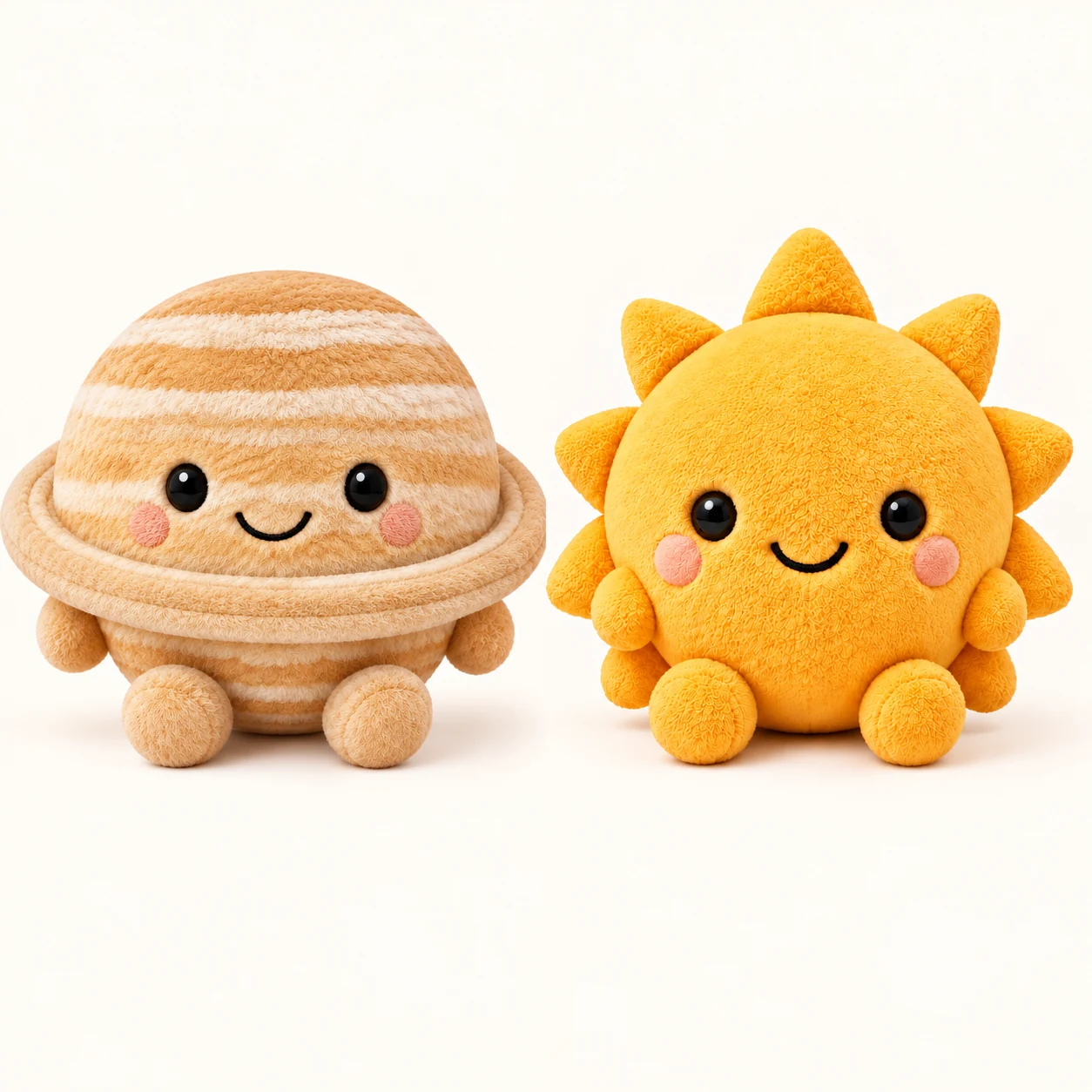 Saturn Soli with its soft ring beside a golden Sun Soli plush pet