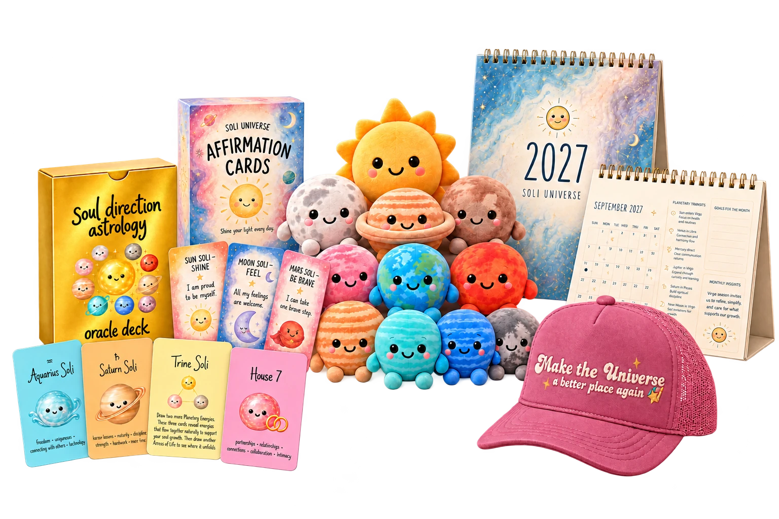 Soli Universe oracle deck, affirmation cards, Astro Soli pets, calendar and apparel