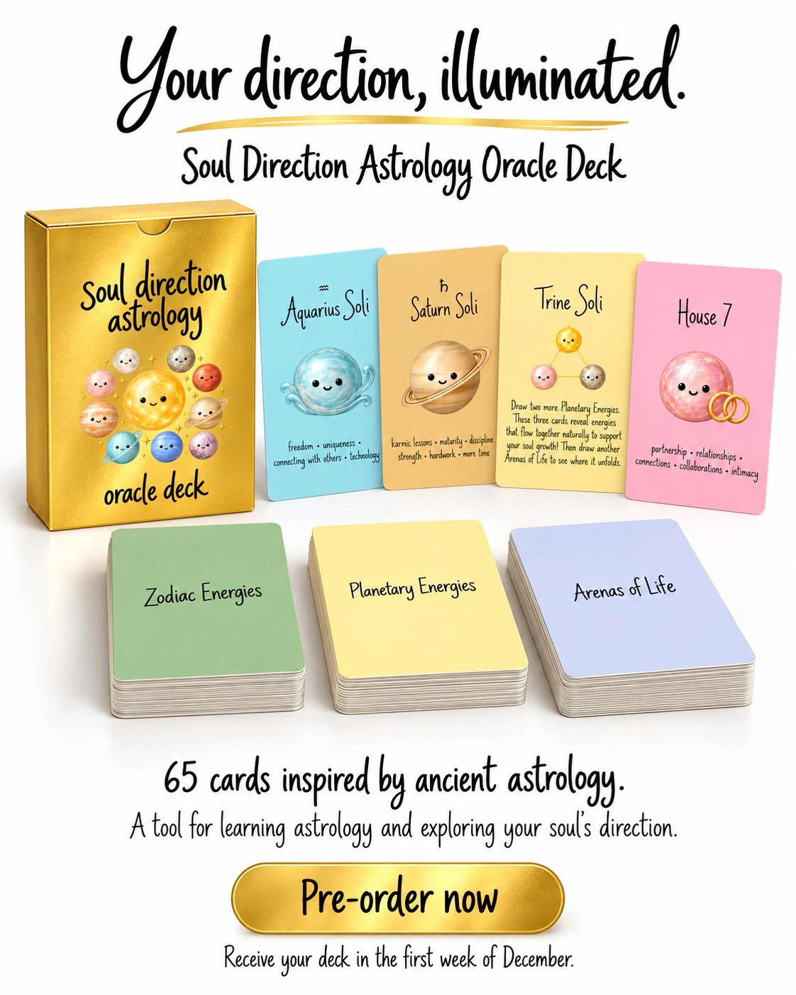 Gold Soul Direction Astrology Oracle Deck box and illustrated cards in three energy groups